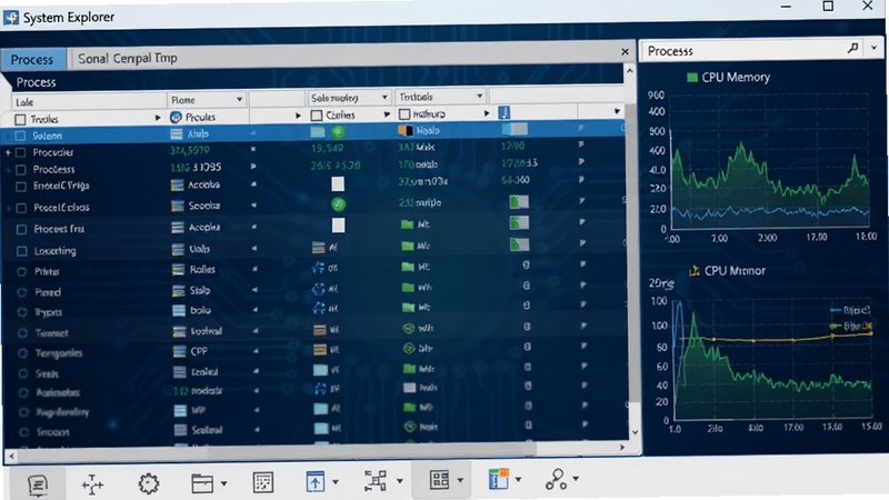 System Explorer 软件主界面预览图,展示系统进程列表、CPU内存占用图表及工具栏按钮,界面风格清爽简洁,背景为深蓝色科技感渐变,高亮显示进程管理核心区域,整体画面专业且富有层次感。