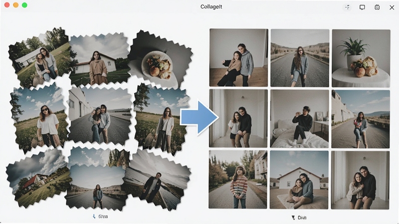 CollageIt ��������չʾ��չʾ���Զ�����������Ч��������ǵ���Ķ���������Ƭ���Ҳ��������Զ����ɵ����������۵�����ƴ��Ч������������ק����ָʾ��ͷ���������ɾ�