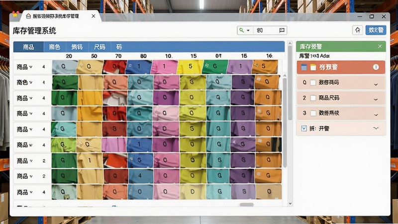 服装进销存系统库存管理模块截图,画面展示商品颜色尺码矩阵图,背景为服装仓库货架,系统界面显示库存预警列表,色调明亮清晰