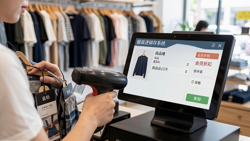 服装进销存系统收银界面演示,店员正在用扫码枪扫描服装吊牌,屏幕显示商品信息和会员折扣,背景为服装门店收银台,画面真实自然