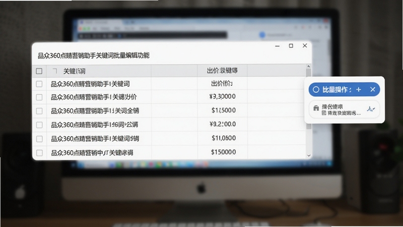 品众360点睛营销助手关键词批量编辑功能截图,表格中列出多条关键词和出价,右侧浮动批量操作按钮,界面清晰,背景为模糊的电脑屏幕