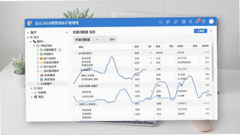 品众360点睛营销助手管理界面预览图,左侧账户树形结构,右侧关键词数据报表,顶部蓝色工具栏,整体风格商务简洁,画面主体为软件操作窗口,背景为浅灰色桌面