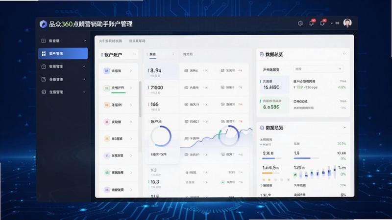 品众360点睛营销助手账户管理界面,多账户列表与数据总览,背景为深蓝色科技感渐变,界面布局清晰,信息层级分明,商业科技风格