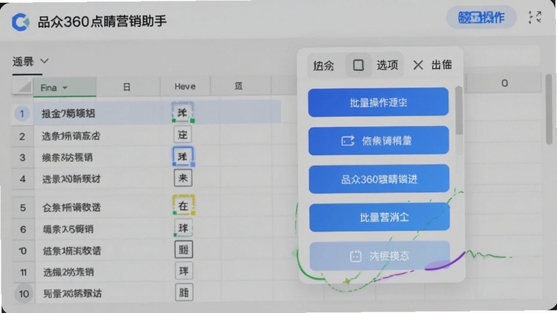 品众360点睛营销助手批量编辑功能,表格中多行选中,浮动工具栏展示批量操作选项,背景为柔和浅灰色,界面强调功能按钮,清晰直观,产品功能展示风格