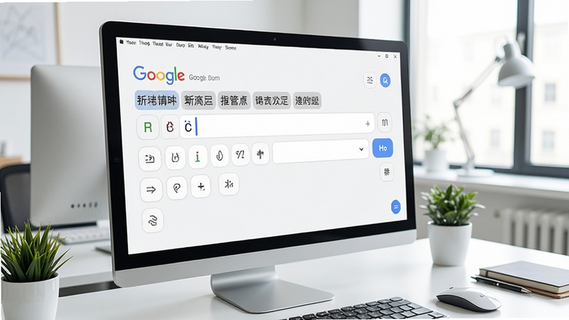 谷歌拼音输入法全貌,界面简洁,输入框清晰,背景为现代办公桌面,电脑屏幕显示谷歌拼音候选词,整体色调明亮,细节丰富。