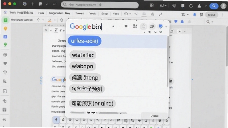 谷歌拼音输入法智能联想功能展示,输入拼音后候选词列表精准,包含词语联想和句子预测,界面清晰,背景为文字编辑页面。