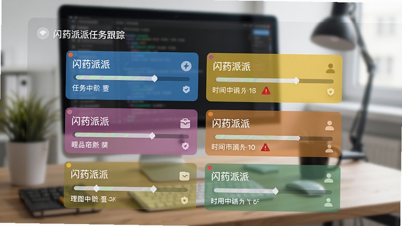 闪药派派任务跟踪功能界面截图,展示多个任务卡片以不同颜色区分状态,背景为模糊的办公桌面,画面重点突出任务进度条与时间节点提醒,营造高效管理的视觉氛围