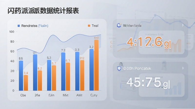 闪药派派数据统计报表页面,画面中显示柱状图与收益数字,背景为淡灰色渐变,图表配色以蓝色和橙色为主,强调数据可视化与清晰易读的特性,整体风格专业而不失亲和力