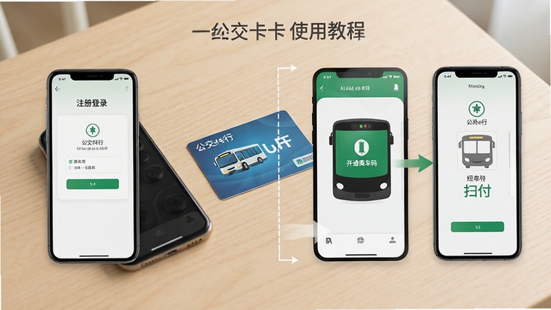 公交e行一卡通使用教程步骤图解,手机屏幕分步展示注册登录、开通乘车码、扫码支付流程,背景为浅色桌面上放置手机与公交卡,画面整洁,指引清晰