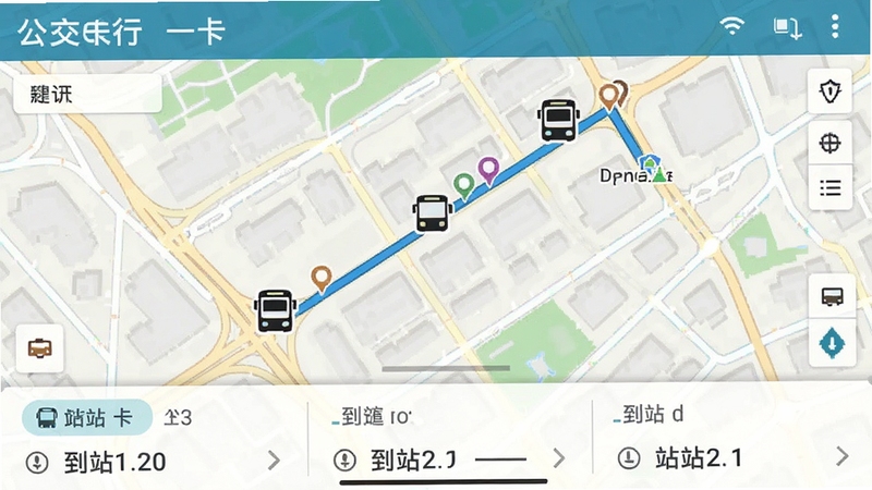 公交e行一卡通实时公交查询界面截图,地图上显示公交车位置图标与行驶轨迹,底部列表展示到站时间,界面简洁直观,背景为城市街道地图,色彩清新