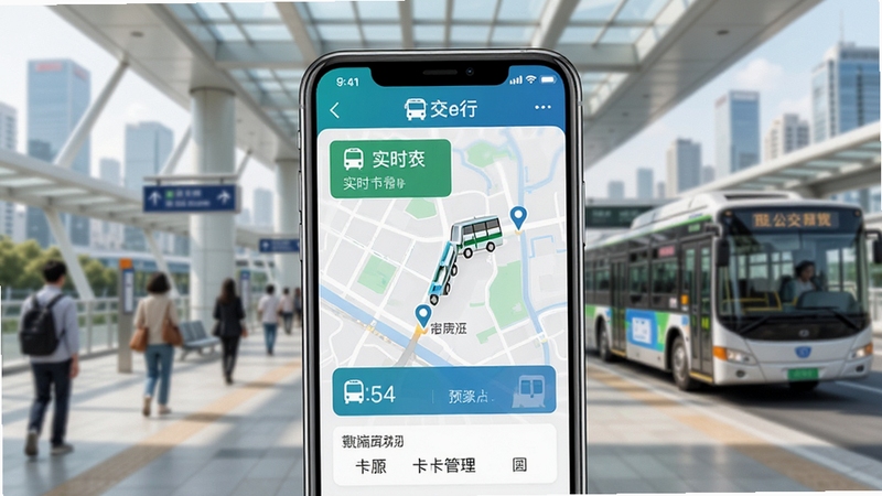 公交e行一卡通预览图,展示手机界面中公交扫码乘车、实时公交位置地图及卡片管理核心功能,背景为现代城市公共交通枢纽,画面明亮清晰,主体突出App界面布局,色彩真实细腻