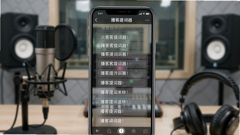 生成一张播客提词器软件在手机端运行的界面预览图,画面中央是半透明滚动字幕,背景为虚化的录音棚场景,麦克风与耳机作为前景点缀,整体风格现代简约,突出软件名称播客提词器。