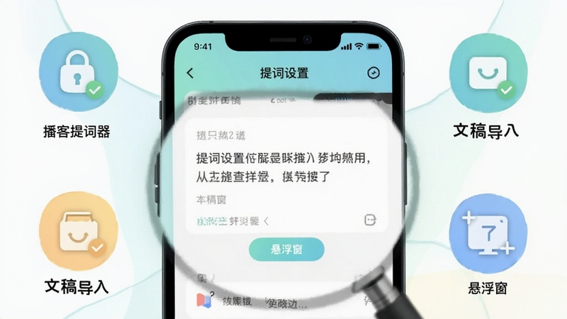 绘制一幅移动端使用教程插画,手机屏幕放大显示提词设置界面,外围环绕着权限开启、文稿导入、悬浮窗等小图标,整体色调清新,包含播客提词器字样。