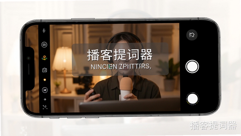 生成播客提词器悬浮窗模式的效果图,手机屏幕显示专业相机录制界面,半透明提词字幕悬浮在画面中央偏上位置,字体清晰,背景为暖色直播间,软件名称播客提词器以水印形式呈现。