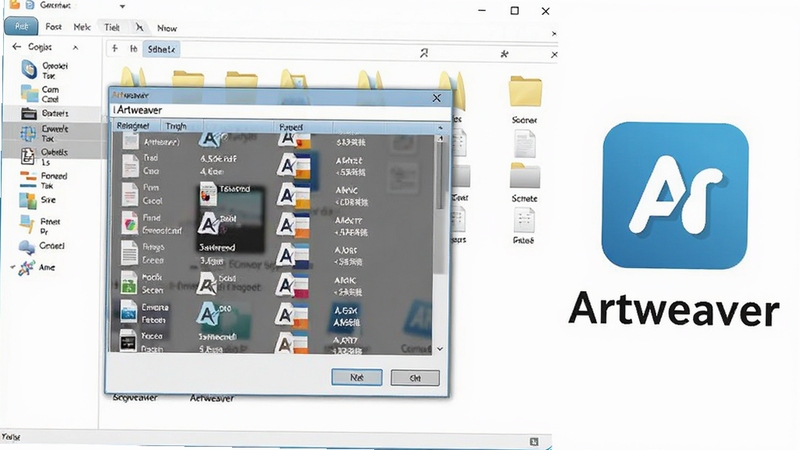 Artweaver 文件格式兼容示意截图,画面显示软件打开对话框中多种文件类型列表,背景为系统文件夹浏览窗口,右侧有Artweaver 软件图标与名称,整体风格简洁清晰,突出格式支持数量,浅色界面,高对比度文字。