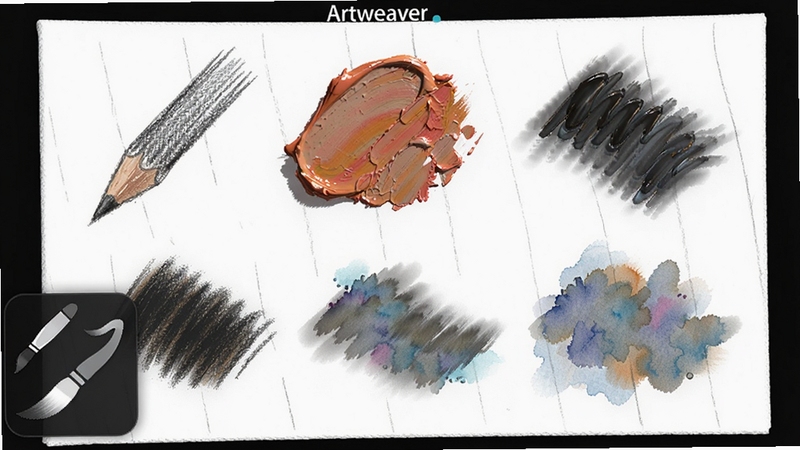 Artweaver 画笔工具细节预览图,画面中央显示多种笔触效果特写,包括铅笔线条、油画厚涂、水彩边缘扩散,背景为白色画布,画笔图标悬浮在左下角,画面上方有Artweaver 软件名称,光线均匀,色彩真实,突出笔刷纹理与质感。