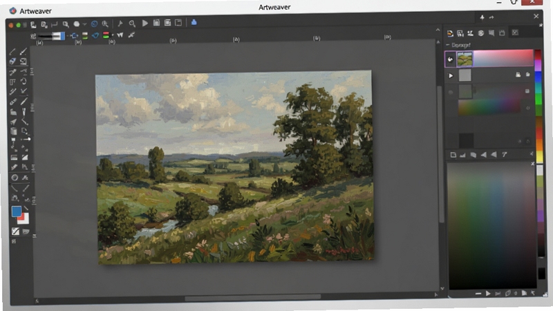 Artweaver 主界面展示图,左侧工具栏,右侧图层与颜色面板,中央画布上有半完成的风景油画,整体界面干净明亮,背景为柔和的浅灰渐变,画布周围有轻微阴影,营造专业创作氛围,软件名称Artweaver 出现在顶部标题栏,画面比例16:9,高清细节丰富。