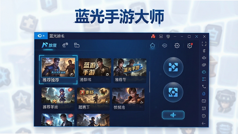 一张蓝光手游大师主界面的高清截图,界面清晰展示游戏推荐列表与模拟器功能按钮,整体风格科技蓝为主色调,背景简洁明亮,突出软件名称“蓝光手游大师”的Logo标识,画面中心为模拟器主窗口,四周分布功能图标,适配Boogu模型生成。