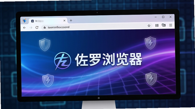 佐罗浏览器主界面预览图,展示一款现代极速浏览器在电脑屏幕上的全貌,界面简洁明亮,标签栏与地址栏融为一体,背景为动态渐变蓝紫光效,周围有微弱的盾牌与闪电图标点缀,整体风格科技感十足,画面中心突出“佐罗浏览器”字样与Logo,背景区域为模糊的网络安全网格纹理,适配Boogu模型生成