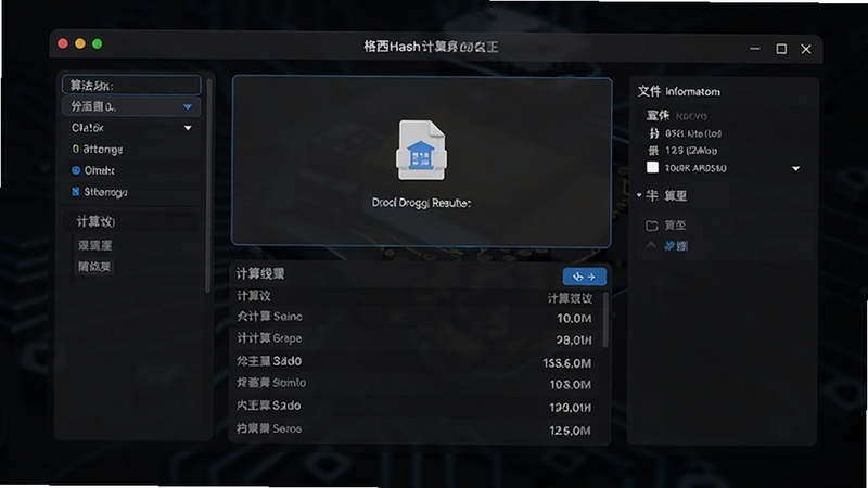 格西Hash计算器主界面预览图,简洁的深色背景,中间显示文件拖拽区域和计算结果列表,左侧算法选项,右侧文件信息面板,整体科技感十足,高清晰度产品渲染图