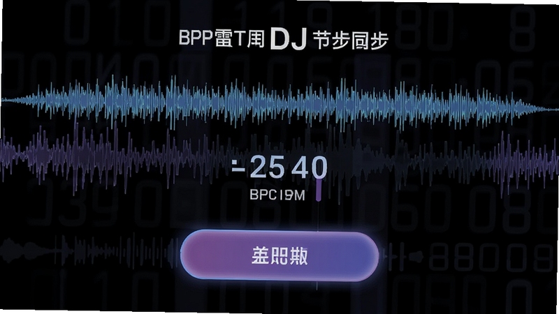 雷电DJ舞曲播放器BPM检测与节拍同步功能演示,显示歌曲波形与BPM数值,同步按钮高亮,背景为波形曲线与数字音频元素,风格简洁直观