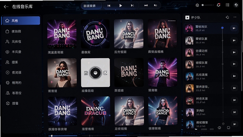 雷电DJ舞曲播放器在线音乐库搜索界面,展示多张舞曲专辑封面列表,左侧有风格分类菜单,右侧为播放队列,背景为深色科技感界面,突出资源丰富与检索便捷