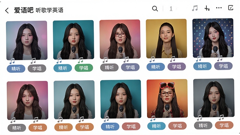 爱语吧听歌学英语应用界面截图示意图,展示丰富歌曲列表,封面墙五彩斑斓,每首歌曲下方标注有“精听”和“学唱”按钮,界面设计现代简洁,突出音乐选择的多样性,图片风格为高清应用预览图