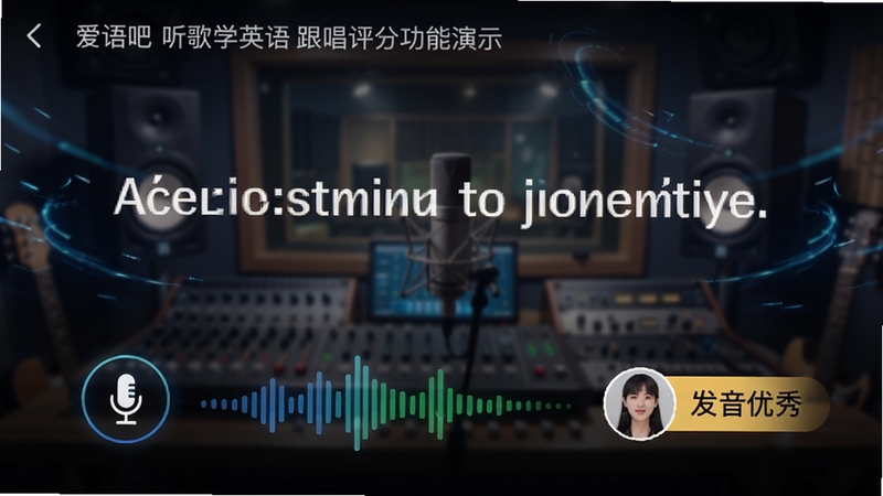 爱语吧听歌学英语跟唱评分功能演示,界面展示一句英文歌词,下方有麦克风图标和实时分数波形图,用户头像旁显示“发音优秀”的鼓励字样,背景为虚化的录音棚风格,画面动感,突出AI评测的科技感与互动性