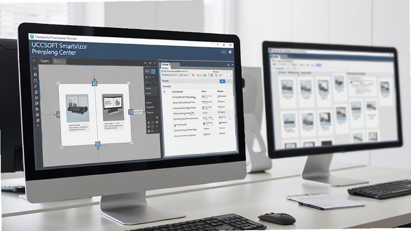 一张现代办公环境中电脑屏幕显示UCCSOFT SmartVizor 处理中心界面,界面清晰展示模板设计区与数据预览区,背景为整洁的办公桌与显示器,画面明亮,细节丰富,整体风格写实专业