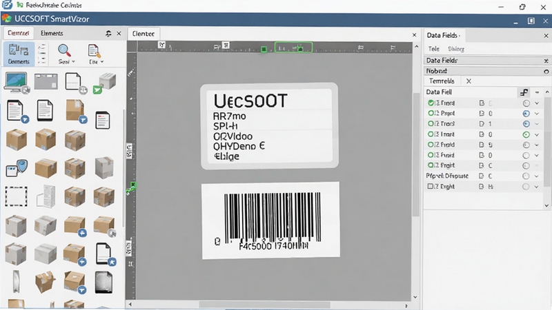 UCCSOFT SmartVizor 处理中心模板编辑器界面特写,左侧为元素工具箱,中间画布上放置有标签和条码,右侧为数据字段列表,高清晰度,界面简洁现代,色彩舒适