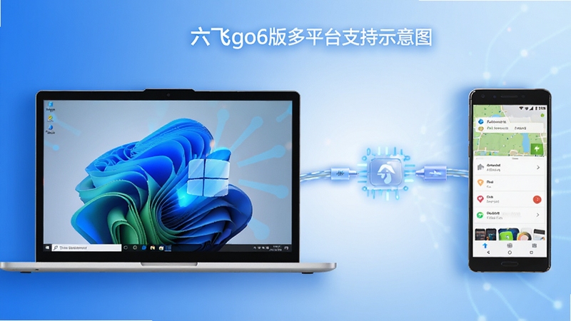六飞go6版多平台支持示意图,左侧一台笔记本电脑显示Windows界面,右侧一部智能手机显示安卓界面,中间有连接线表示数据同步,背景为渐变色科技蓝,画面简洁明快,强调软件跨平台兼容性。