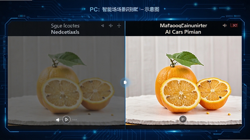 柚子相机 PC版 智能场景识别功能示意图,画面展示同一场景在不同AI模式下的对比效果,左侧为普通模式略显平淡,右侧为柚子相机智能优化后色彩饱满细节丰富,背景使用分屏对比设计,科技感蓝色调为主