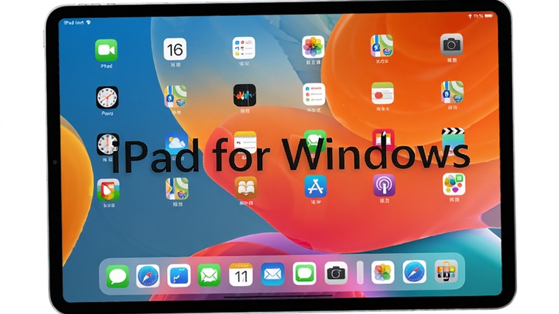 一张功能截图,画面主体为iPad for Windows模拟出的iPad桌面,清晰的Dock栏和排列有序的应用图标,背景是默认壁纸,画面色彩鲜艳,细节丰富,重点展示还原度,包含文字'iPad for Windows',居中构图,风格写实