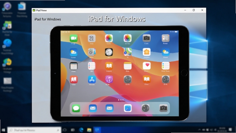一张高清软件预览图,画面主体为运行在Windows桌面上的iPad for Windows模拟器窗口,窗口中展示着iPad主屏幕界面,背景为模糊的电脑桌面环境,整体色调明亮,突出软件模拟效果与系统兼容性,画面包含文字'iPad for Windows',横版构图,风格写实清晰