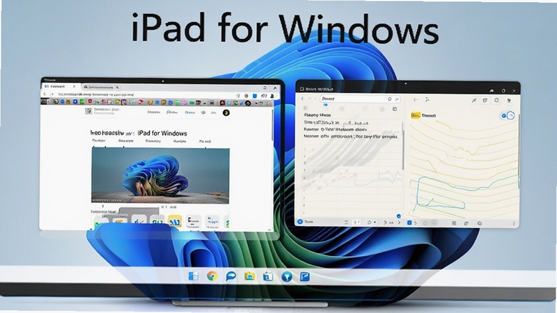 一张功能预览图,画面主体为iPad for Windows的分屏运行场景,左右两个窗口分别显示不同应用界面,一侧为网页浏览器,另一侧为备忘录,背景为Windows桌面,画面清晰展示多任务处理能力,包含文字'iPad for Windows',宽幅构图,风格写实