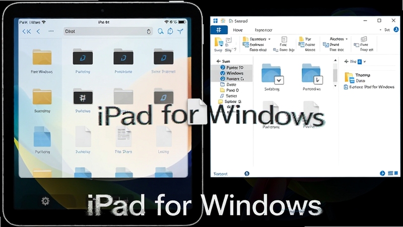 一张使用截图,画面主体为iPad for Windows的文件共享管理界面,左侧为模拟器中的文件应用,右侧为Windows资源管理器窗口,两者之间显示一个拖拽文件的操作,画面清晰展示数据互通功能,包含文字'iPad for Windows',居中构图,风格写实