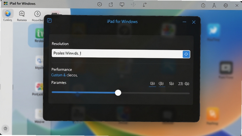 一张设置界面预览图,画面主体为iPad for Windows的显示设置窗口,包含分辨率下拉菜单和性能参数调节滑块,背景为模拟器主界面,画面清晰展示自定义选项,包含文字'iPad for Windows',左置构图,风格写实