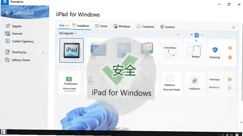 一张安全检测报告界面截图,画面主体为iPad for Windows的安装目录与病毒扫描结果,显示“安全”字样,背景为Windows安全中心界面,画面清晰传达软件安全性,包含文字'iPad for Windows',居中构图,风格写实