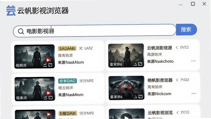 云帆影视浏览器的智能搜索功能示意图,画面中显示搜索框内输入电影名称后,下方以列表形式清晰列出多个不同来源的视频源结果,每个结果附带清晰度标签和来源网站名称,界面信息层级分明,背景采用浅灰色调,突出软件名称云帆影视浏览器的品牌标识