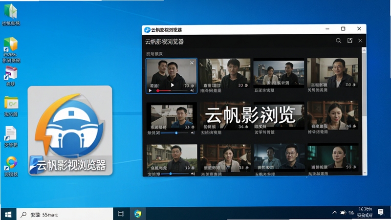 云帆影视浏览器在电脑桌面上的安装完成界面示意图,画面显示Windows桌面背景,桌面上出现云帆影视浏览器的快捷方式图标,旁边悬浮着软件主窗口,窗口内展示出清晰的视频播放列表,整体色调明亮,突出软件名称与安装成功状态
