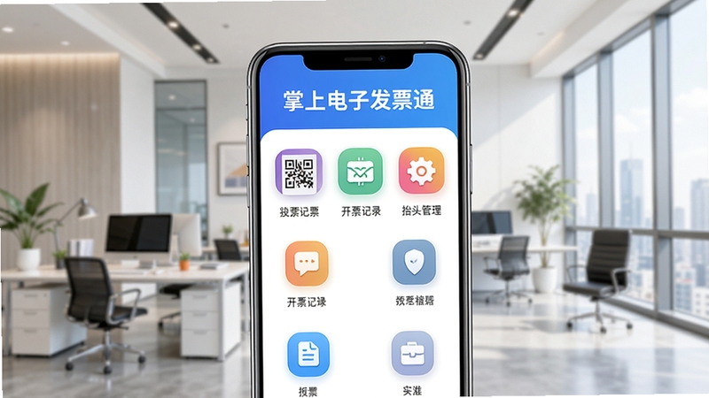 掌上电子发票通整体界面预览图,画面中央展示手机主界面,顶部显示软件名称掌上电子发票通,下方排列发票扫码、开票记录、抬头管理等彩色图标,背景为现代化办公室场景,色调明亮清晰,细节丰富,竖版构图