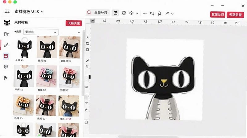 天猫美工王主界面展示,左侧为素材模板面板,右侧为画布编辑区,顶部工具栏含批量处理按钮,整体风格明亮简洁,突出软件易用性与电商设计氛围,画面清晰,无文字水印