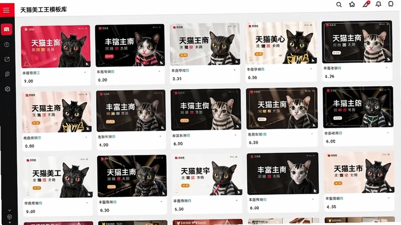 天猫美工王模板库界面,展示多套不同行业的电商主图模板缩略图,缩略图呈网格排列,鼠标悬停显示预览效果,背景为浅灰色,突出模板丰富多样