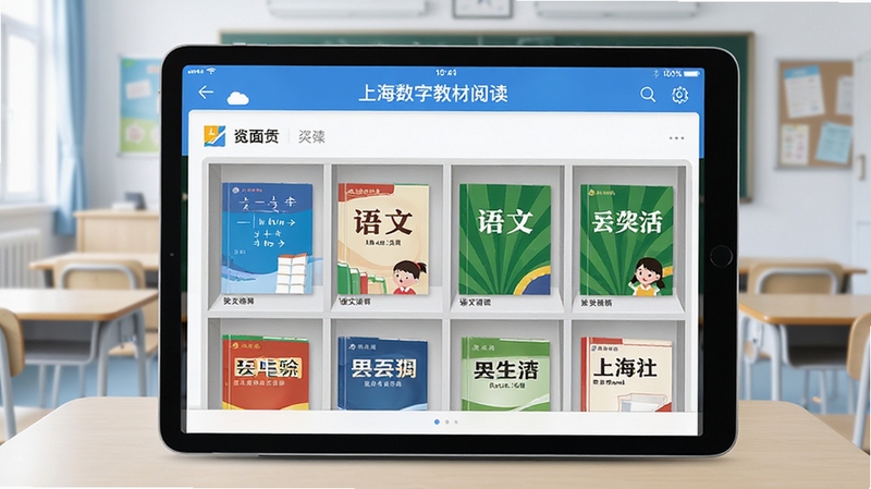 上海数字教材阅读客户端主界面预览图,画面中央是一台平板电脑,屏幕中清晰显示上海数字教材阅读客户端的书架界面,背景为简约的教室环境,书架上有数学、语文、英语等教材封面,色调以蓝色和白色为主,风格清新明亮