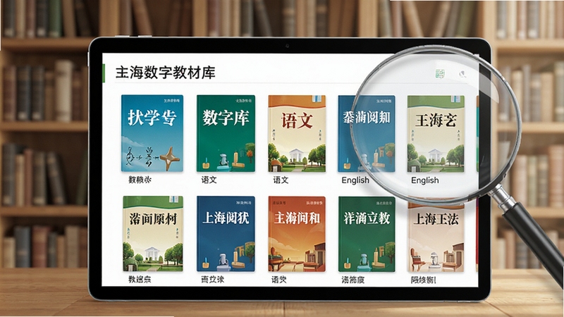 上海数字教材阅读客户端数字教材库界面,屏幕上展示多本教材封面缩略图,包含数学、语文、英语等科目,背景是书架和放大镜元素,风格写实清晰,光线柔和