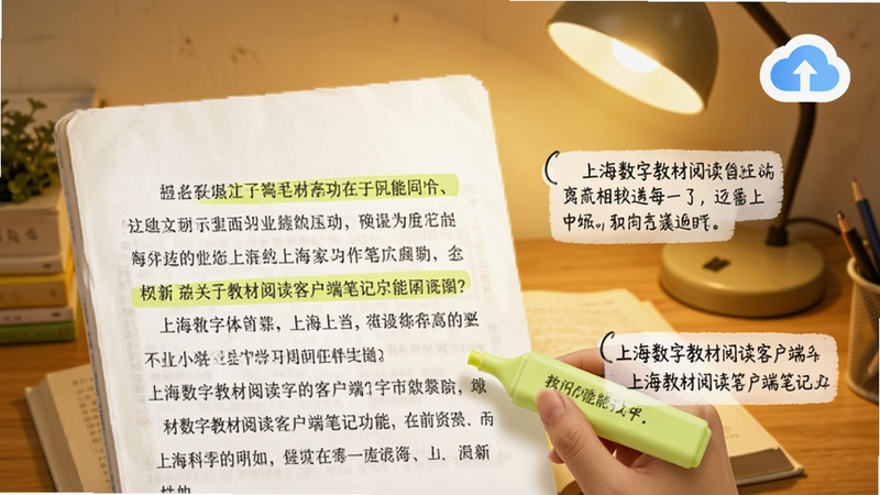 上海数字教材阅读客户端笔记功能示意图,画面中显示一段教材课文,旁边有荧光笔划线和文字批注,右上角有云同步图标,背景为书桌和台灯,色调暖黄,突出学习氛围