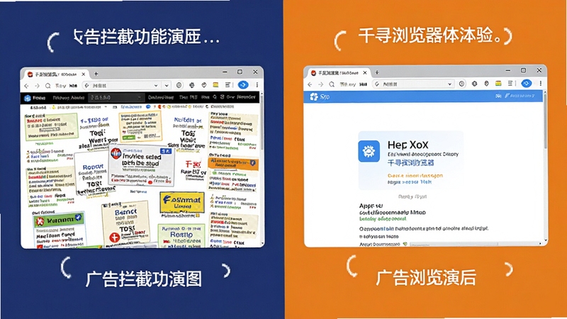 千寻浏览器广告拦截功能演示图,画面左侧为杂乱无章的广告页面,右侧为经过千寻浏览器过滤后的干净清爽页面,形成鲜明对比,背景为分割式设计,强调千寻浏览器带来的纯净浏览体验。