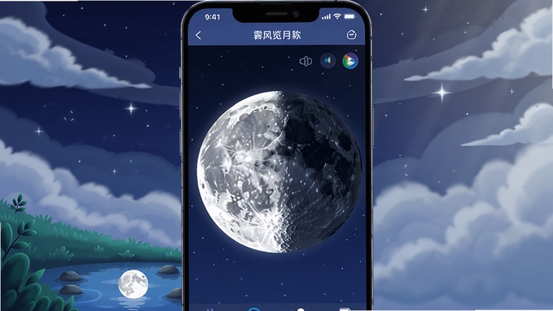 创作一幅数字插画,主体是霁风览月软件在手机屏幕上显示的3D月球全貌,月球表面陨石坑清晰可见,一半明亮一半暗影,背景是深蓝色星空与漂浮的云层,画面左下角有绿色植被与溪流倒影明月,整体色调以深蓝与银灰为主,突出科技感与静谧的观月氛围,竖版构图适合手机应用商店展示