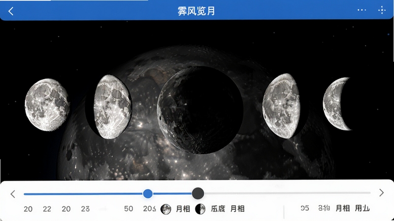 高清截图展示霁风览月应用内的3D月相模拟界面,月球表面纹理精细,明暗交界线清晰,界面下方有日期滑动条与月相名称标注,背景为深空黑色,UI采用简约蓝白配色,整体视觉风格干净、专业,突出数据可视化效果