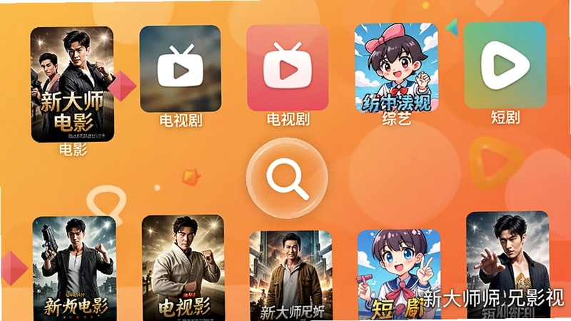 �´�ʦ��Ӱ��APP����Դ����ҳ�棬��Ļ��չʾ��Ӱ�����Ӿ硢���ա��������̾�ȶ������ͼ�꣬ÿ���������ж�Ӧ����Сͼ����������ůɫ�����䣬���沼�������в�Σ�����λ���зŴ�����ͼ�꣬�������������ã������������´�ʦ��Ӱ��ˮӡ